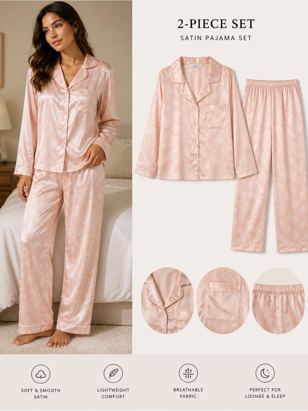 Satin 2-Piece Pajama Set - Light Blush Pink